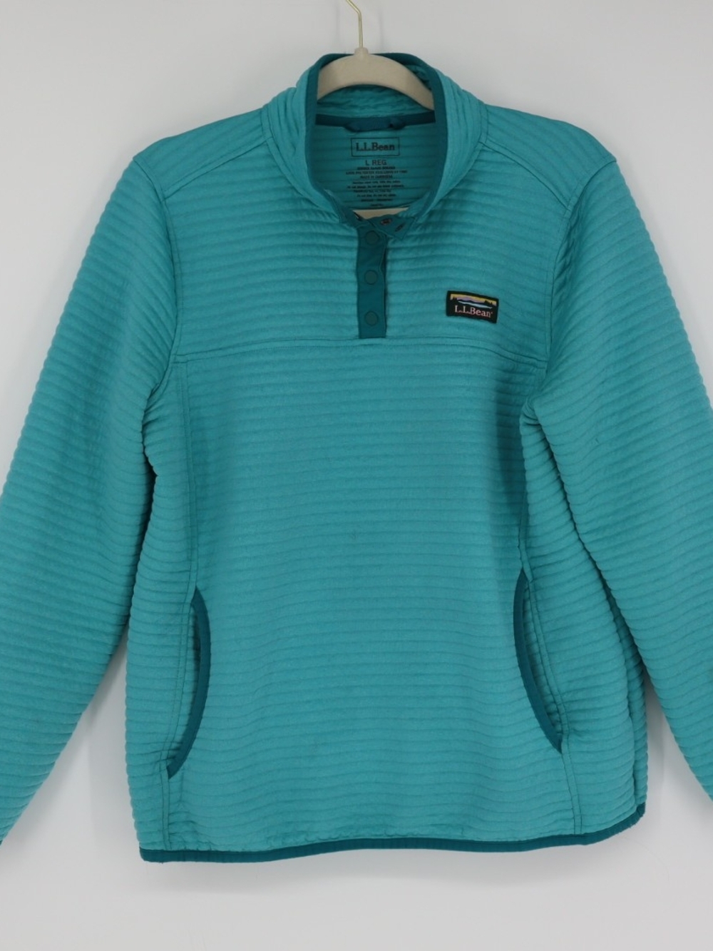 L.L.Bean Women’s Large Airlight Knit Pullover Teal Quarter Snap Fleece Pockets